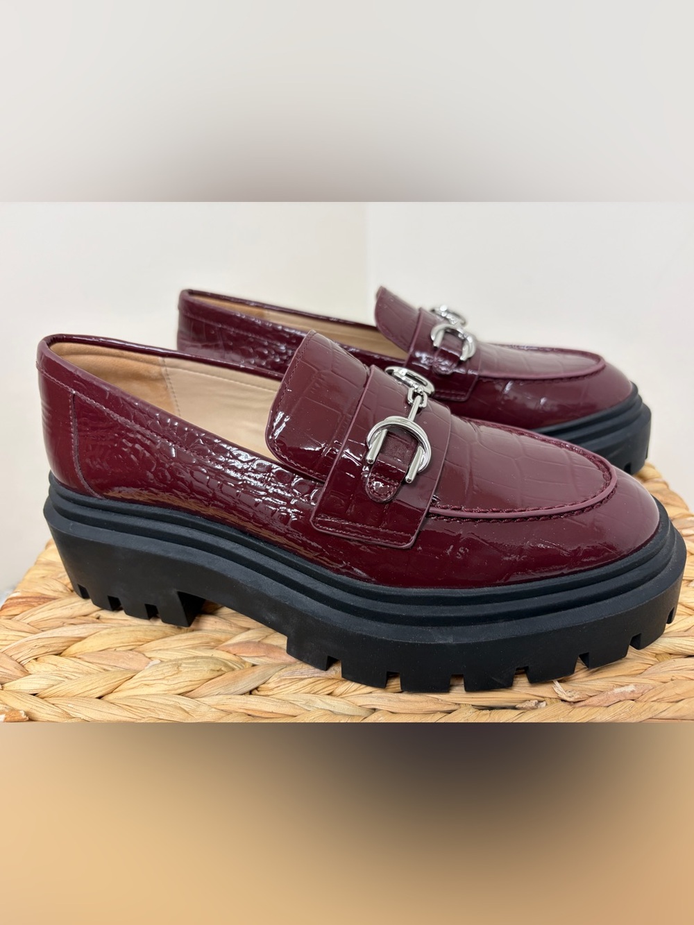 Stuart Weitzman Wine Patent Croc Lug-Sole Loafers